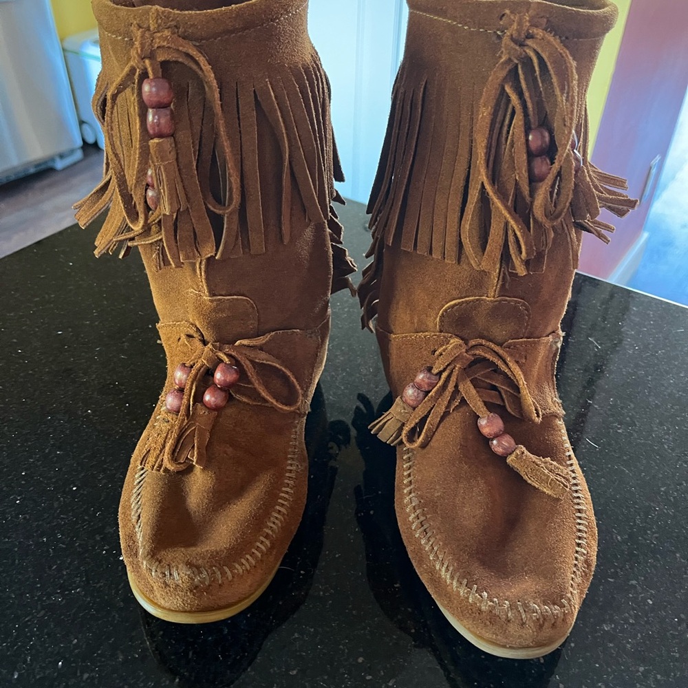 Minnetonka Brown Fringed Moccasin Boots